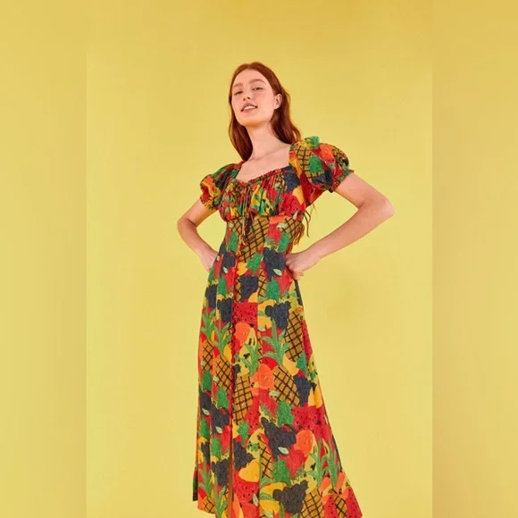 Farm Rio Fruit Salad Square Neck Midi Dress (Sz M) - Picture 1 of 6
